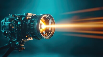 Poster - This dynamic image captures a camera lens emitting a bright beam of light, symbolizing creativity and innovation in photography and artistic expression with vibrant colors.