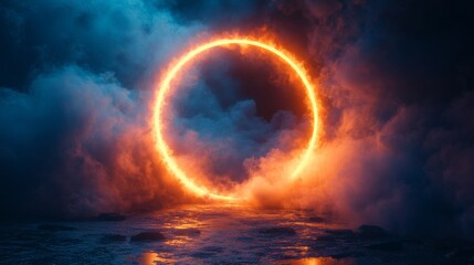 Poster - Deep blue neon ring light shining brightly accompanied a glowing laser frame and ethereal smoke effect set on a black background perfect for a sleek and modern portal design