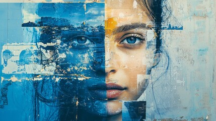 Aufkleber - A captivating work showcases a blend of a young woman's face with pieces of various landscapes, all united by a cohesive blue palette. The art invites contemplation of identity and place