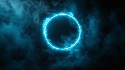 Poster - Dynamic neon cyan ring light pulsing energy enclosed by a laser glow and wispy smoke set against a black canvas ideal for futuristic and creative design concepts