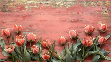 Poster - Colorful tulips bloom along a weathered wooden surface, the gentle hues adding a touch of nature's beauty. This arrangement invites creativity with plenty of room for additional text