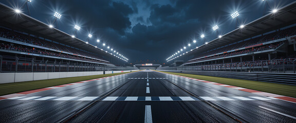 Illuminated asphalt racing track finish line at night with motion blur and professional 3d sports stadium design