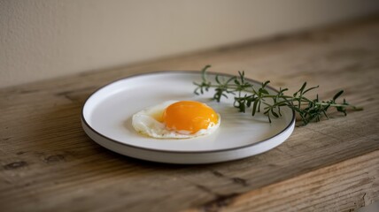 Single fried egg on plate with rosemary sprig