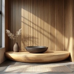 Fototapete - Empty wooden podium a clean modern studio interior framed by vertical slats on the wall The space is designed for product displays perfect for the beauty and cosmetics industry