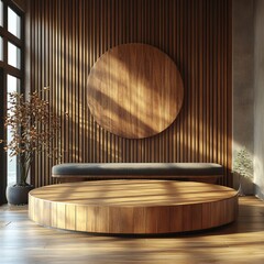 Poster - Empty wooden podium a clean modern studio interior framed by vertical slats on the wall The space is designed for product displays perfect for the beauty and cosmetics industry