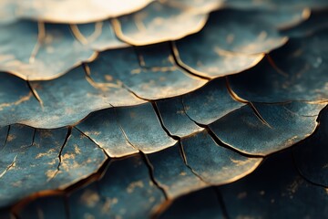 Poster - Intricate layers of weathered scales reflecting sunlight create a captivating abstract texture in nature's art. Generative AI