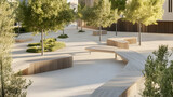 Modern plaza design, urban landscape, wood benches, sunny day, architectural rendering for real estate marketing