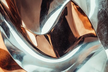 Poster - Fluid forms merge and shimmer with metallic hues in an artistic exploration of texture and light at a modern gallery. Generative AI