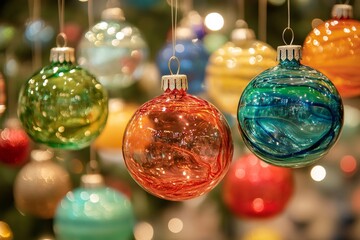 Wall Mural - colorful christmas balls hanging, creating festive atmosphere for holidays
