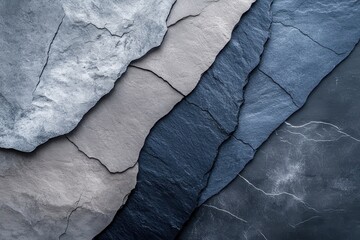 Poster - Layers of natural beauty revealed through beautifully textured stones in varied shades of gray and blue at sunset. Generative AI