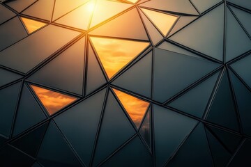 Poster - Sunset reflections cast on a geometric facade highlighting the artistry of modern architecture. Generative AI