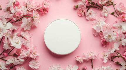 Poster - A pristine white circle rests in the center, framed by soft pink flowers. This tranquil setup evokes feelings of beauty and simplicity, perfect for springtime celebrations or creative endeavors
