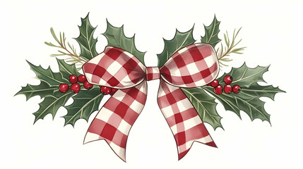 Wall Mural - Red and white gingham bow with holly and berries, Christmas decoration, festive design, holiday greeting card