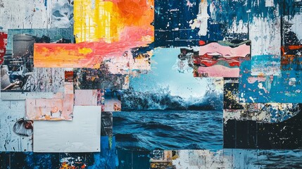 Aufkleber - A dynamic collection of vivid textures and images intertwines to depict ocean waves crashing, surrounded by vibrant colors and layered artistic expressions, evoking a sense of movement and depth