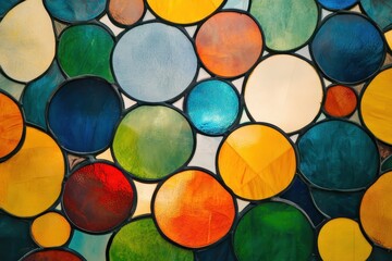 Poster - Vibrant arrangement of colorful glass circles creating a warm and inviting atmosphere in a modern interior space. Generative AI