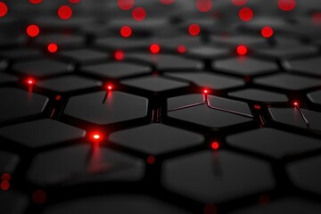 Poster - Hexagonal patterns illuminated by red lights create a captivating digital landscape at night. Generative AI