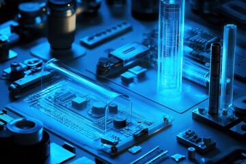 Poster - Futuristic circuit board glowing with neon light, showcasing advanced technology and intricate design in a dark environment. Generative AI