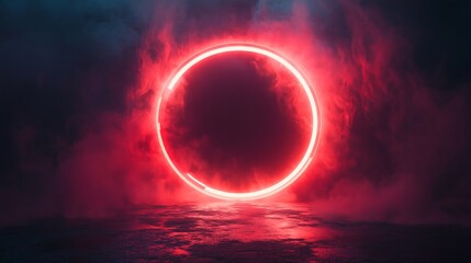 Poster - Glowing neon red circular light framed a dramatic laser glow and smoky ambiance creating a striking visual effect against a black backdrop ideal for capturing attention in design work