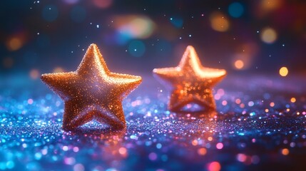 Poster - Gold holographic medals 3D stars floating in a minimalist space Perfect for showcasing highquality customer reviews with room for rating details or copy space on a vibrant background