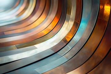Poster - Captivating metallic curves reflect light in a mesmerizing display at an art installation during sunset hours. Generative AI