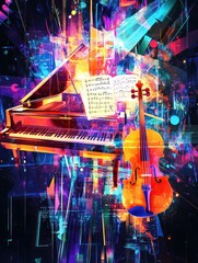 Poster - A vibrant fusion of music and art showcasing a grand piano and a violin in a dazzling abstract setting