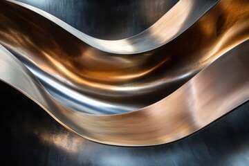 Poster - Curves of light dance through sculpted metallic forms in a modern artistic installation. Generative AI