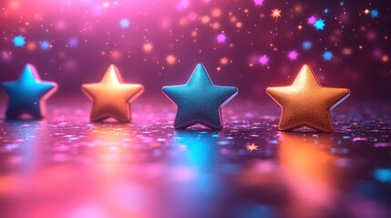 Fototapete - Gold holographic medals 3D stars floating in a minimalist space Perfect for showcasing highquality customer reviews with room for rating details or copy space on a vibrant background