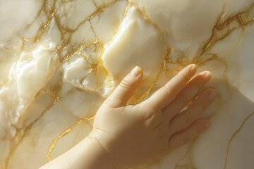 Poster - Touching marble with golden veins, an intimate moment capturing texture and warmth in a sunlit space. Generative AI