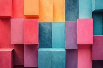 Poster - Colorful geometric blocks create a vibrant urban mural in a lively art district during a sunny afternoon. Generative AI