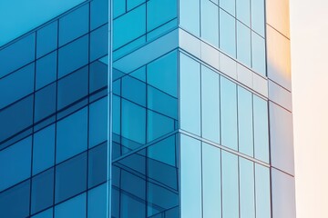 Poster - Modern glass skyscraper reflects the vibrant hues of morning light in a bustling urban landscape. Generative AI