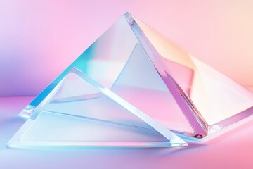 Poster - Translucent pyramids create a mesmerizing play of light and color at dusk in a creative studio setting. Generative AI