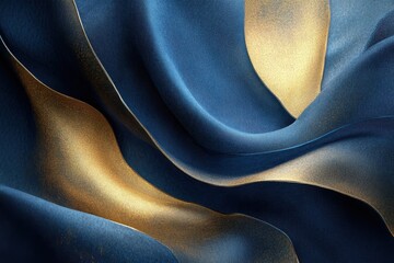 Poster - Draped silk fabric showcasing a harmonious blend of deep blue and shimmering gold hues, inviting tactile exploration and creativity. Generative AI