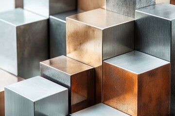 Poster - Metallic cubes arranged in a captivating display of textures and colors showcasing artistry and craftsmanship. Generative AI