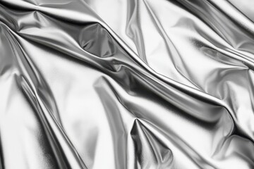 Poster - Reflective silver fabric showcasing intricate folds and textures under soft lighting in a minimalistic setting. Generative AI