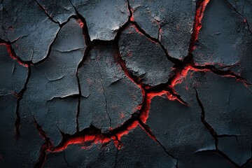 Poster - Cracked surface revealing glowing red beneath, showcasing a contrast of darkness and light in a surreal landscape. Generative AI