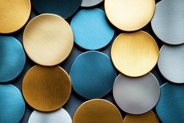 Poster - Exploring the vibrant texture and colors of circular metal discs arranged in a stunning, artistic pattern for modern decor. Generative AI