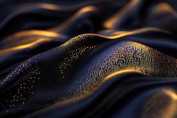 Poster - Shimmering waves of fabric reflect golden hues, creating a mesmerizing dance of light and texture in a tranquil setting at dusk. Generative AI