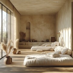 Poster - A modern studio adorned in beige tones warm sunlight bathes the room casting elongated shadows on the wall with radiant white rays creating a tranquil and inviting atmosphere