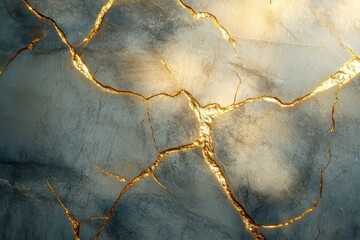 Poster - Elegant texture of cracked stone with shimmering golden veins under soft natural light. Generative AI
