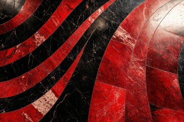 Poster - Striking geometric patterns in red and black marble create a dynamic visual effect on the polished floor. Generative AI