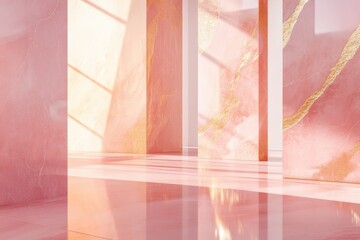 Poster - Elegant indoor space featuring shimmering pink marble walls illuminated by soft natural light at midday. Generative AI