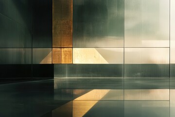 Poster - Modern architectural design showcases reflective surfaces and golden tones in an abstract indoor space. Generative AI