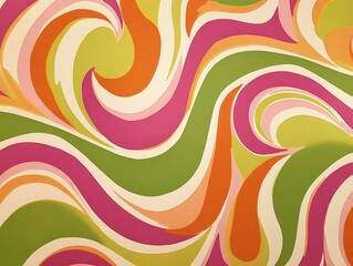 Psychedelic 1960s wallpaper with swirling abstract patterns in vibrant shades of pink, orange, and green, perfect for a groovy aesthetic