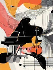 Poster - Abstract musical composition with piano, violin, and dynamic lines in a modern style