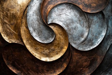 Poster - Swirling textures of metallic shades form an abstract masterpiece in a contemporary art gallery setting. Generative AI