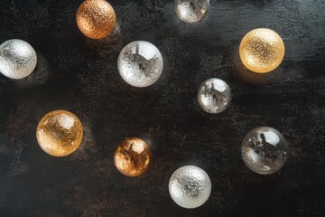Poster - Colorful glass orbs arranged on a dark surface create an intriguing visual interplay in an artistic setting. Generative AI