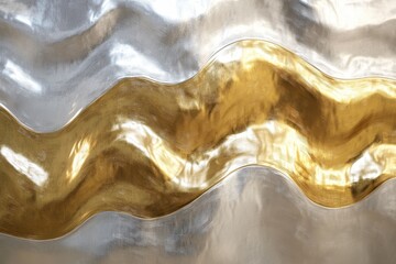 Poster - Golden waves ripple through a shimmering silver surface reflecting vibrant light in an artistic display of color and texture. Generative AI