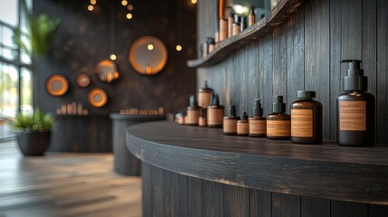 Fototapete - Modern beauty salon featuring black wooden table top against a stylish backdrop The empty countertop mockup invites product displays offering a platform for luxurious cosmetics in a refined interior