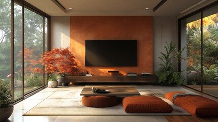 Fototapete - Modern room interior a sleek empty TV cabinet and brown wooden furniture The peach fuzz wall adds a touch of warmth providing a perfect canvas for showcasing television and decor
