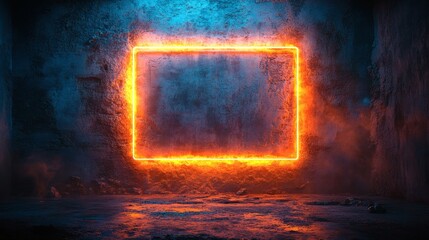 Poster - Neon cyan rectangular frame electric blue edges illuminating a dark textured concrete backdrop giving off a soft fluorescent glow that emphasizes a futuristic minimalistic design